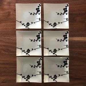 CB2 Opaque GlassSquare Dessert Plates with Black Floral Branch Design (Set of 6)